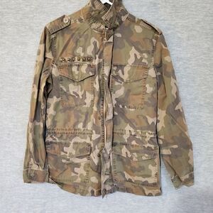 Mudd Shacket Womens Medium Brown Camo Military Denim Shirt Jacket